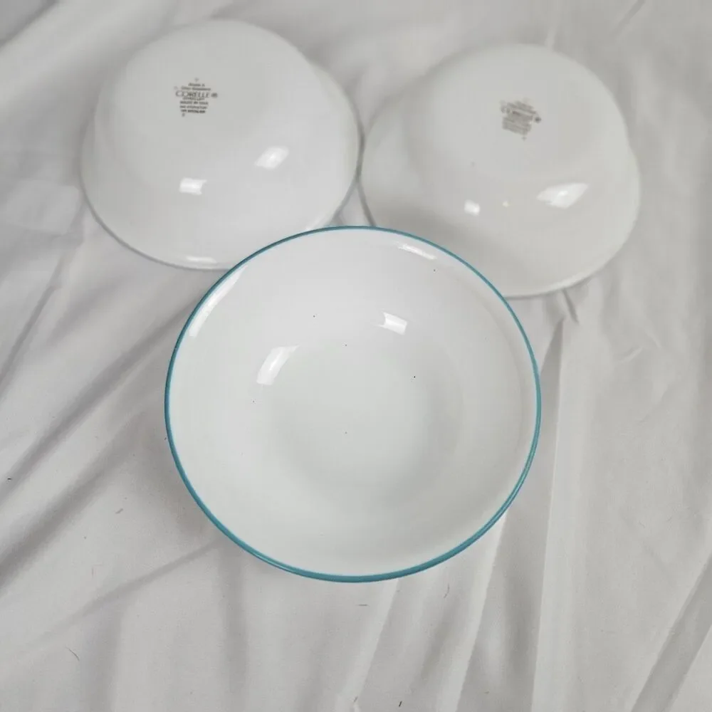 Set 3 Corelle South Beach Cereal Bowls Turquoise Rim 6-1/4